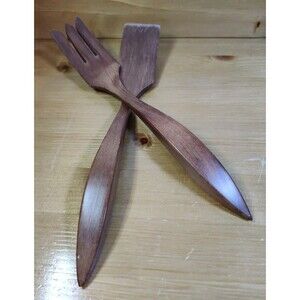 Vintage Wooden Salad Utensils Fork 12" Serving Set Made in Canada MCM Style Read